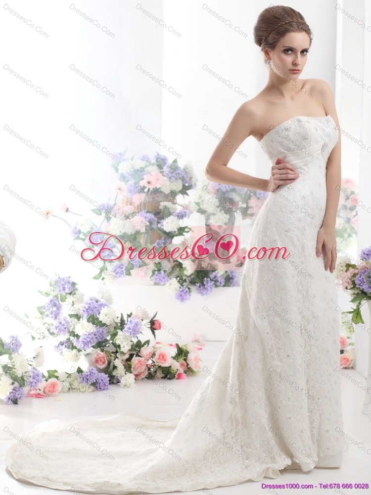 Pretty White Beading  Lace Wedding Dress with  Brush Train