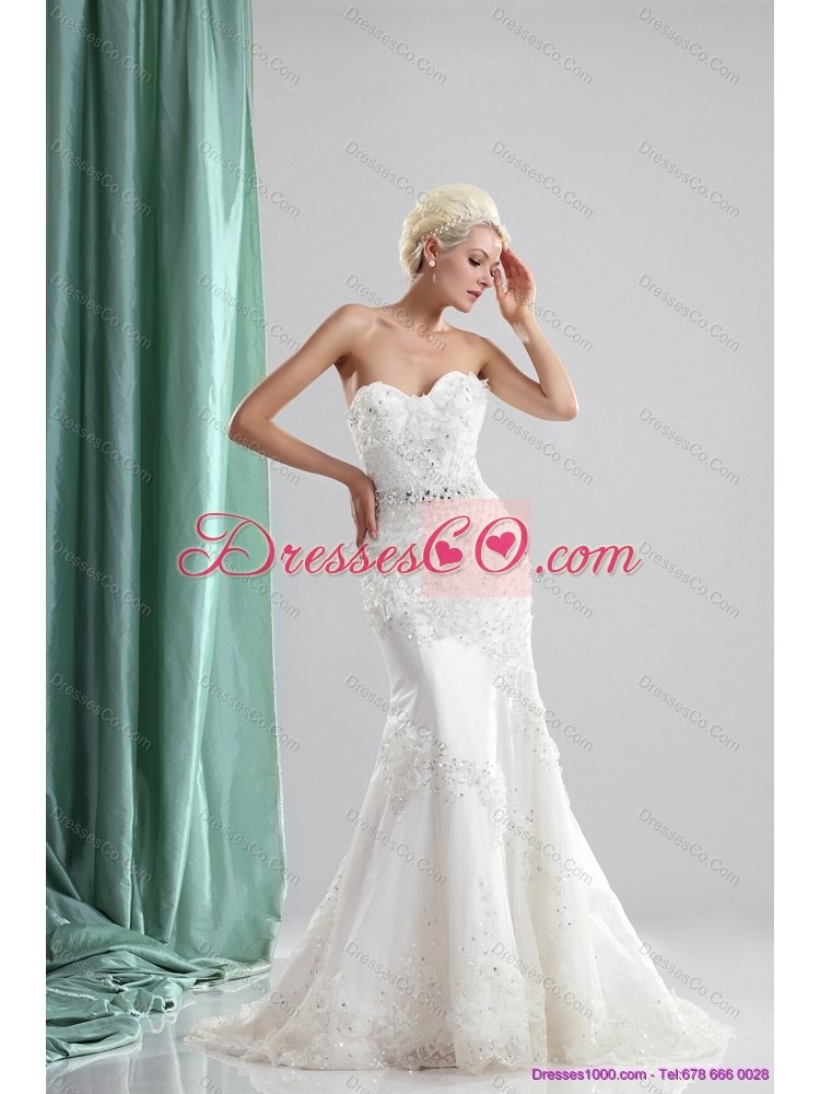 Pretty White Lace Wedding Dress with Sequins and Brush Train