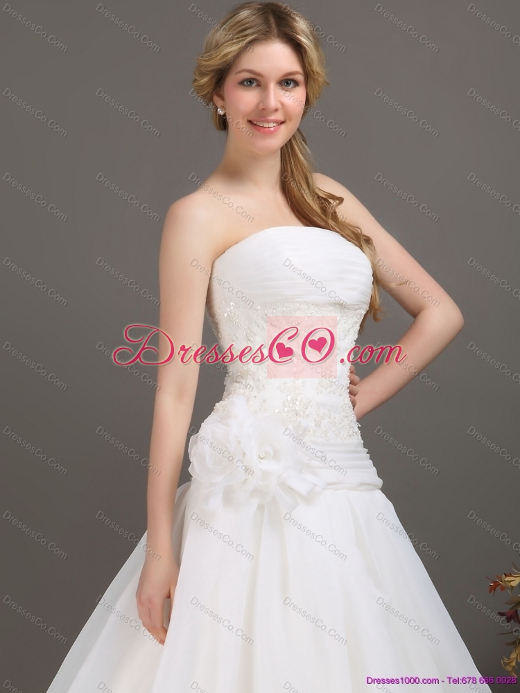 Ruched Beaded White Wedding Dress with Brush Train and Hand Made Flower