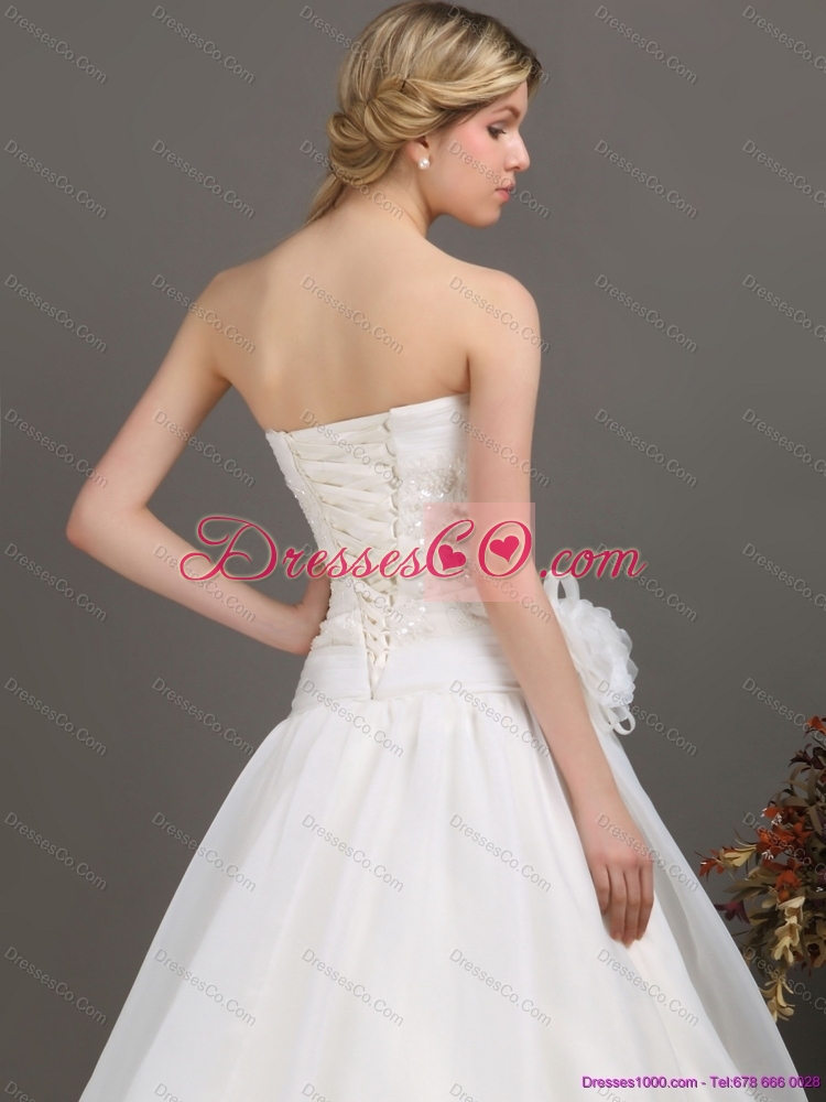 Ruched Beaded White Wedding Dress with Brush Train and Hand Made Flower