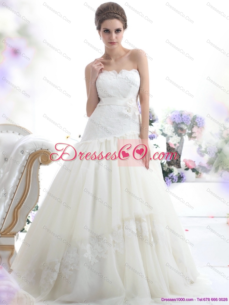 Ruffled White Strapless Wedding Dress with Sash and Bownot