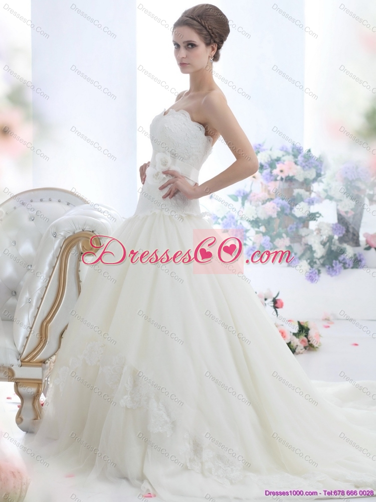 Ruffled White Strapless Wedding Dress with Sash and Bownot