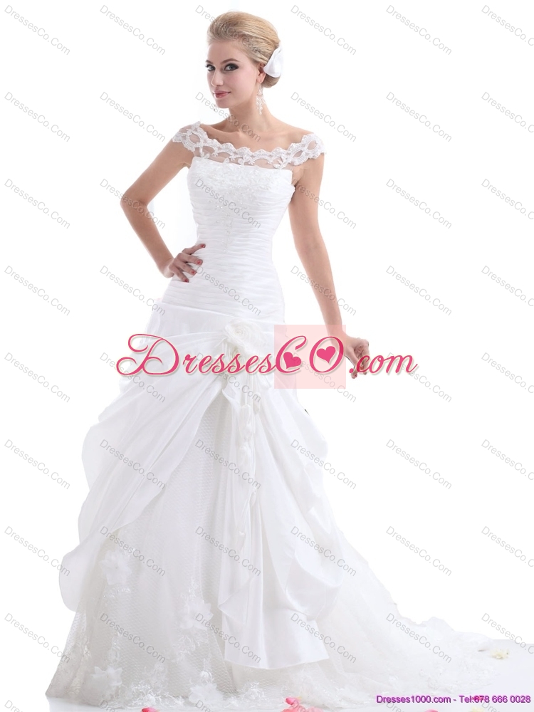 Ruffled White Wedding Lace  Dress with Brush Train and Hand Made Flower
