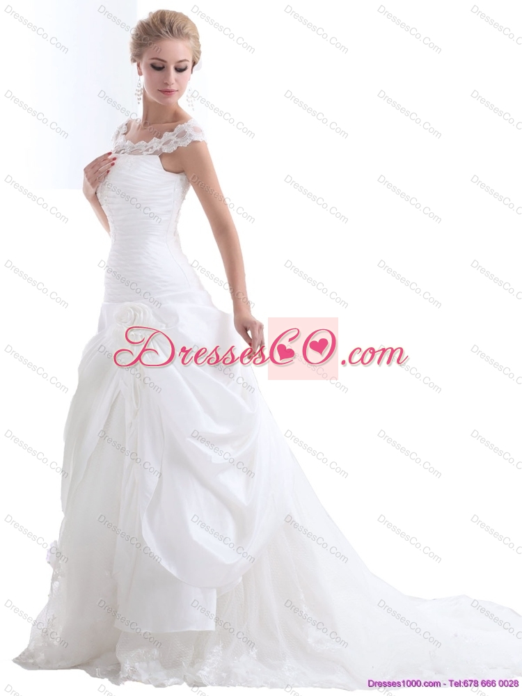 Ruffled White Wedding Lace  Dress with Brush Train and Hand Made Flower