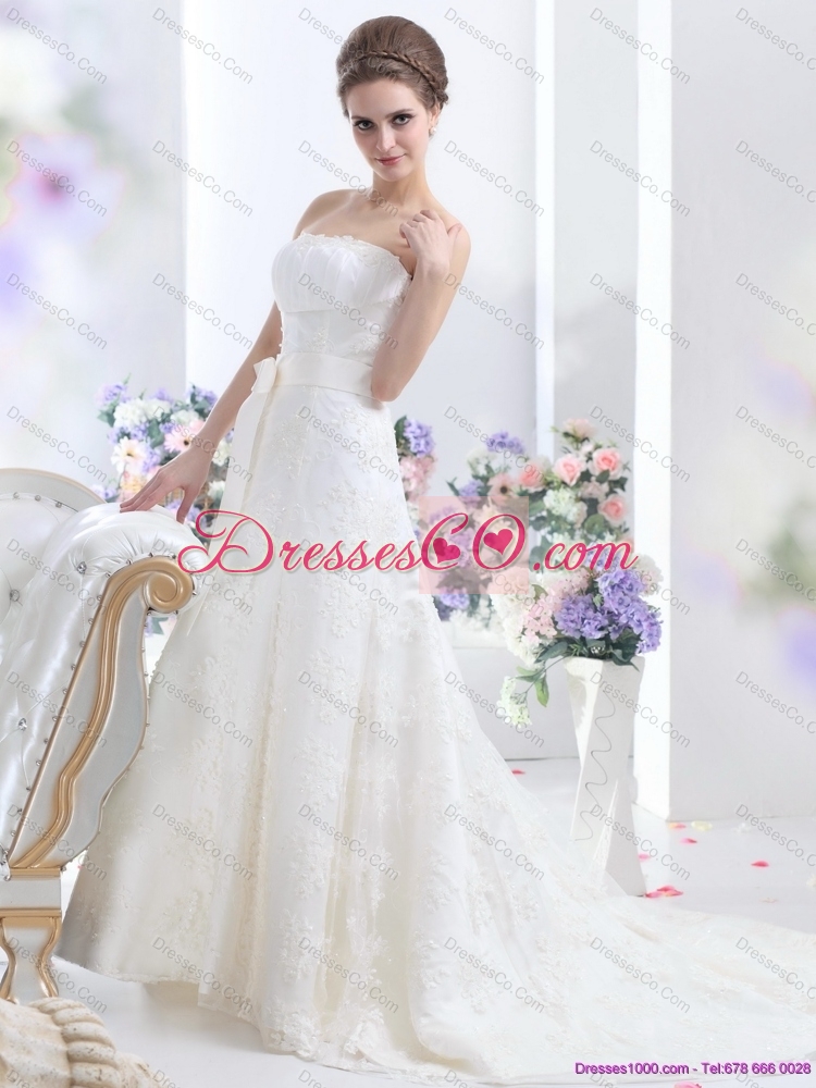 White Strapless Laced Wedding Dress with Bownot and Brush Train