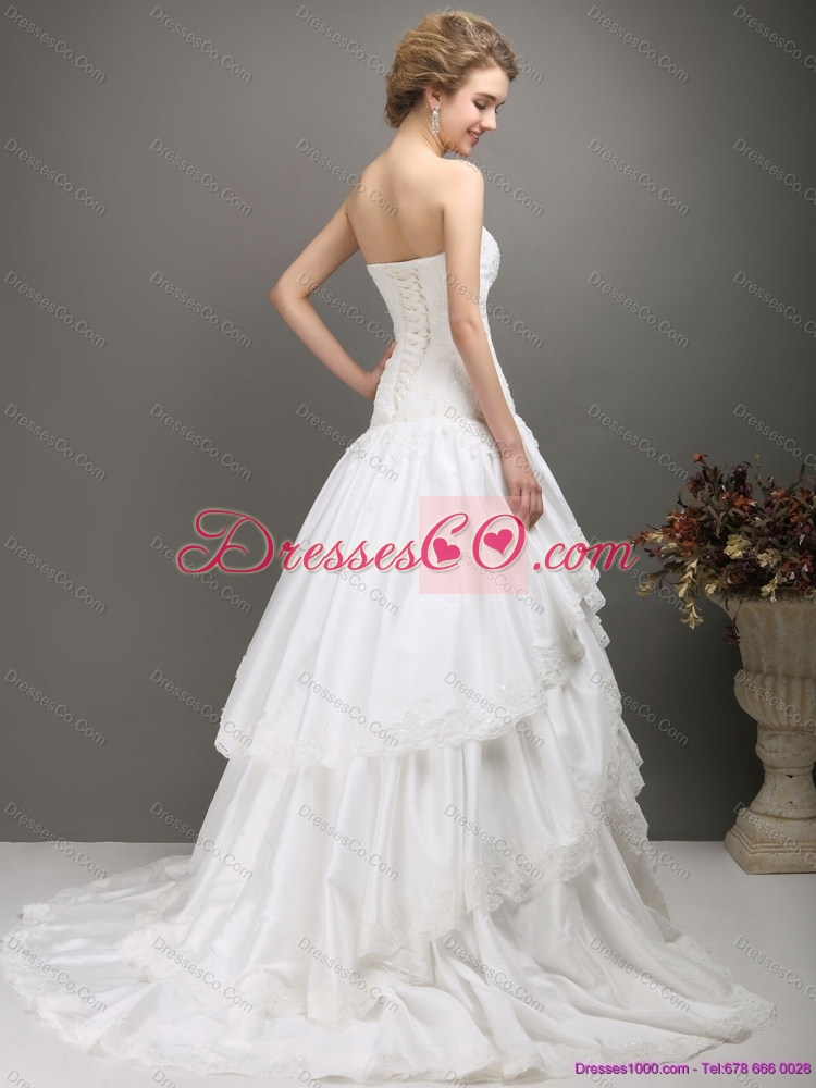 White Brush Train Lace Wedding Dress with Ruffled Layers