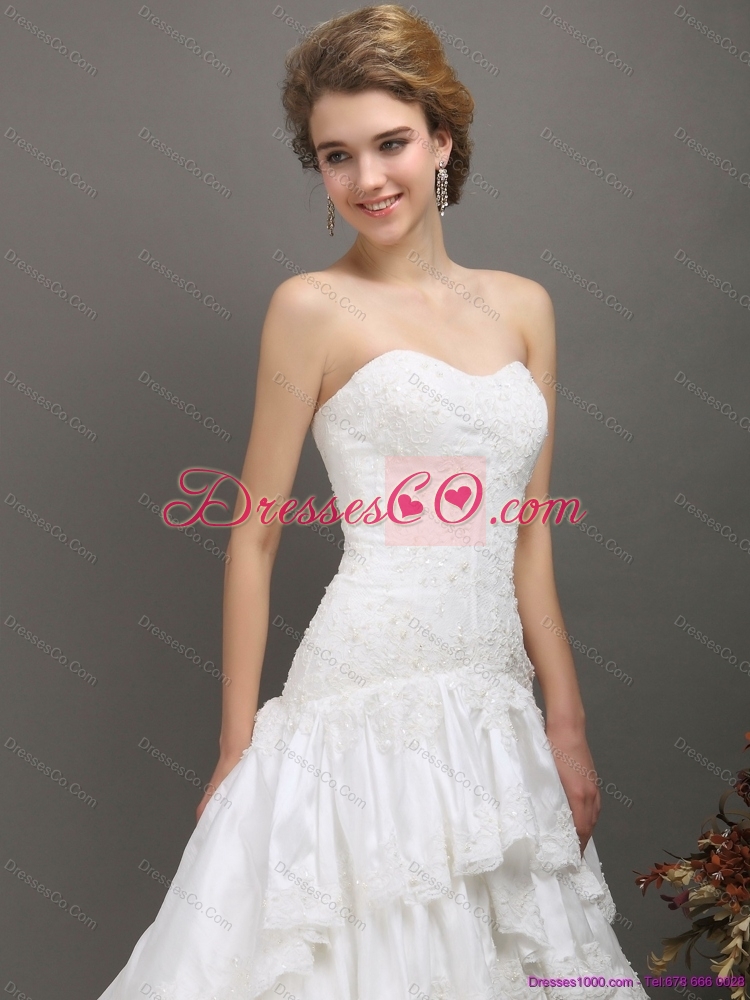 White Brush Train Lace Wedding Dress with Ruffled Layers