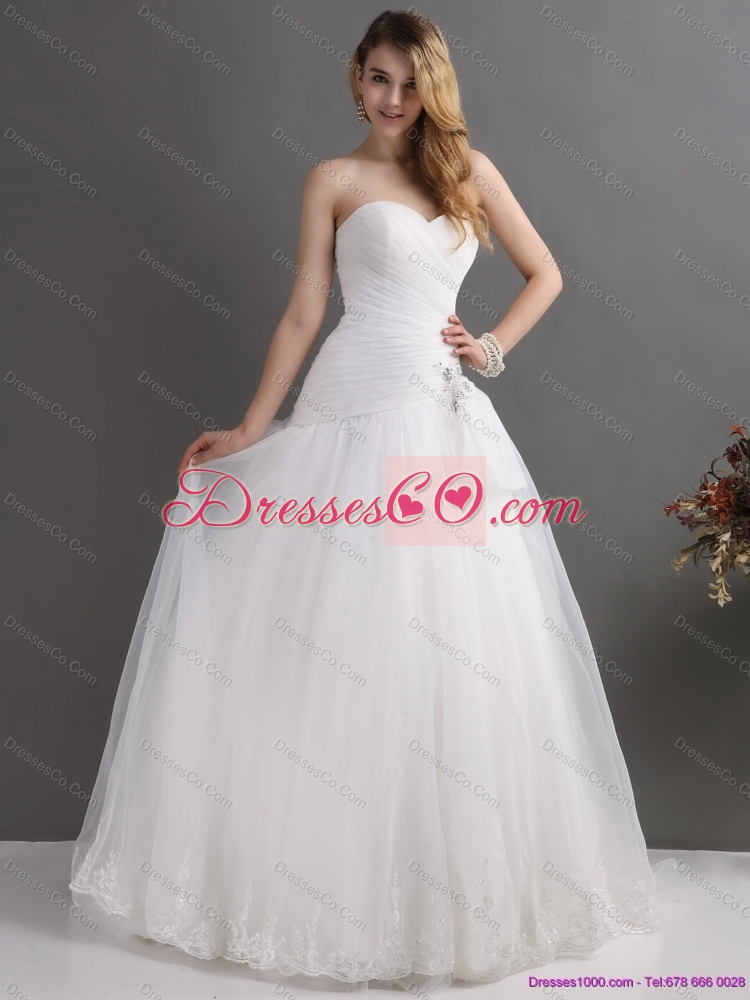White Lace and Ruching Bridal Gowns with Brush Train