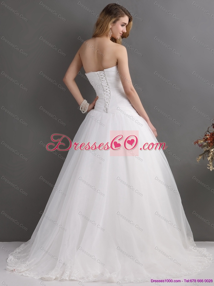 White Lace and Ruching Bridal Gowns with Brush Train