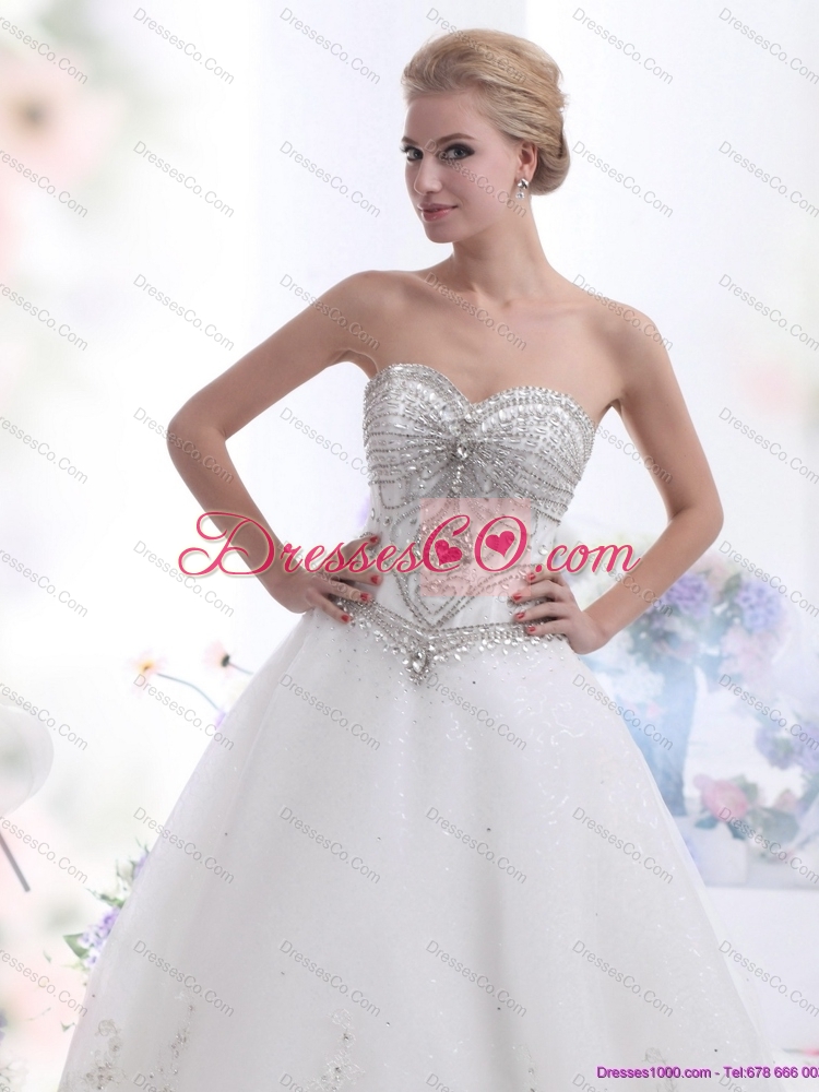 White Rhinestones Lace  Wedding Dress with Brush Train
