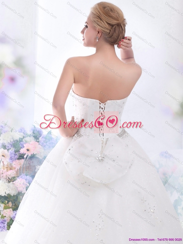 White Rhinestones Lace  Wedding Dress with Brush Train