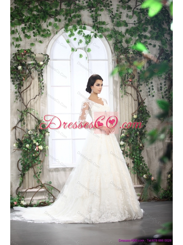White V Neck Lace Wedding Dress with Brush Train and Beading