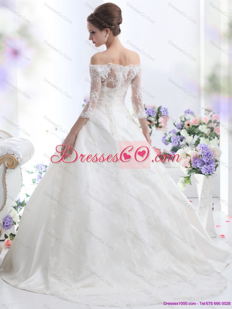 Elegant Off the Shoulder Lace Wedding Dress with 3/4 Length Sleeve