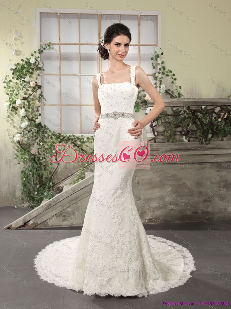 Flirting Lace Straps Lace Wedding Dress with Court Train