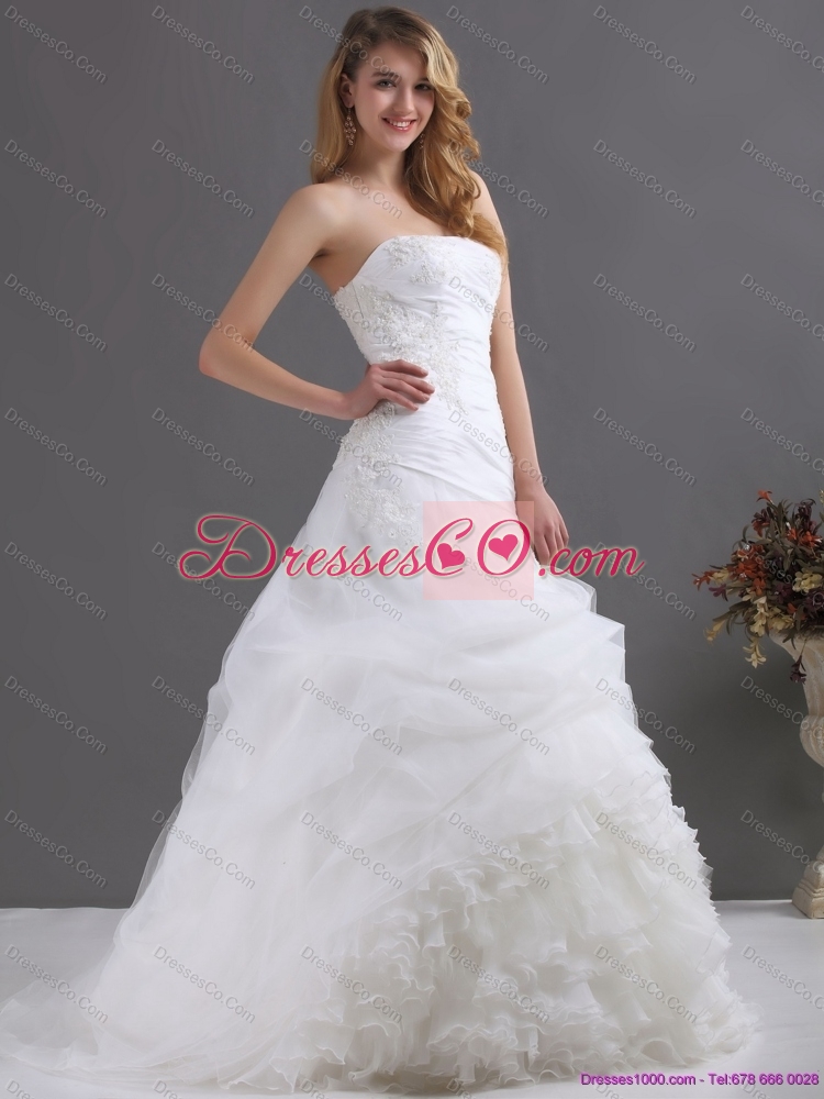 Perfect Ruffles Strapless White Maternity Wedding Dress with Hand Made Flower