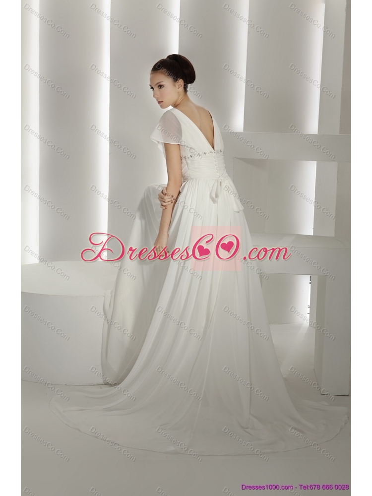 Popular Brush Train White Chiffon Wedding Dress with Ruching and Beading