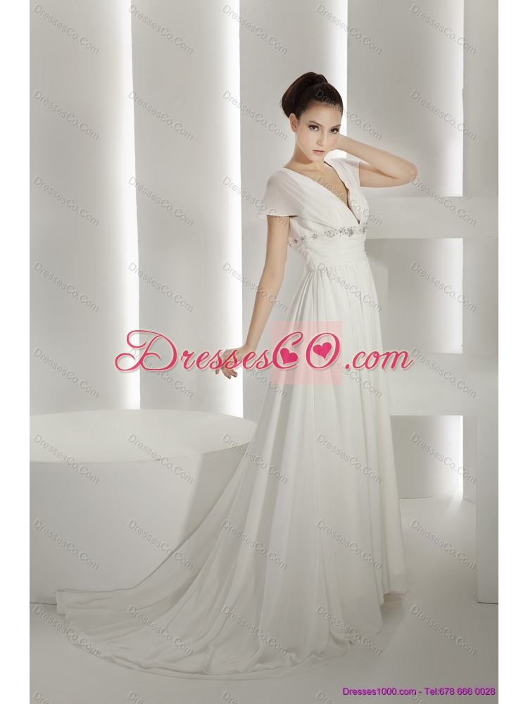 Popular Brush Train White Chiffon Wedding Dress with Ruching and Beading