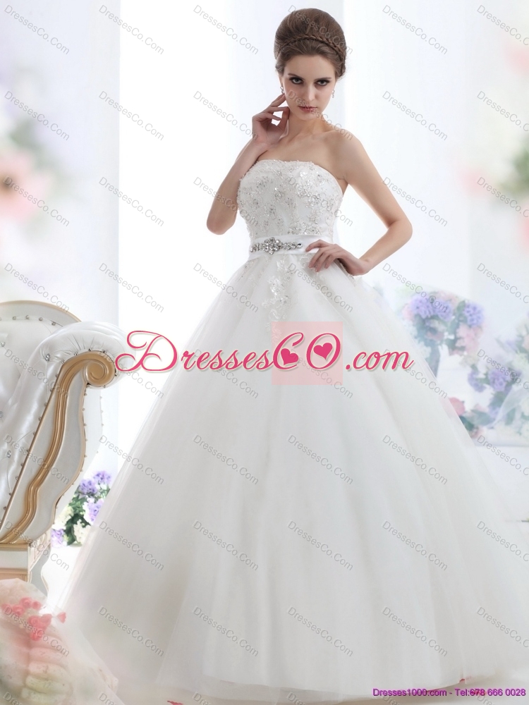 Popular Strapless Beading Wedding Dress with Brush Train