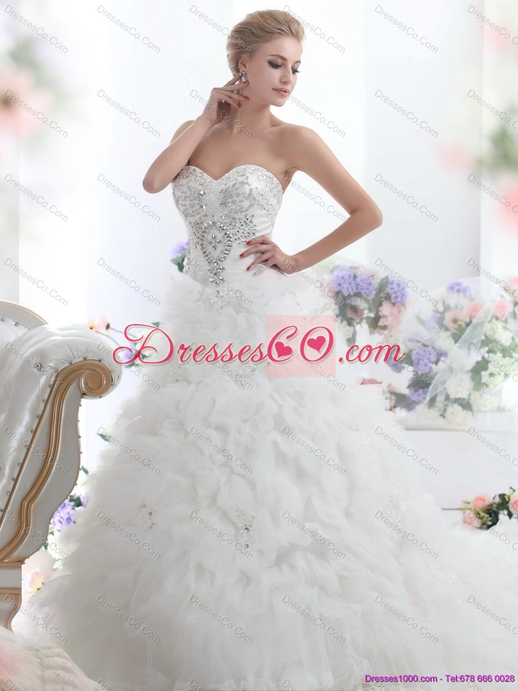 Beading White Bridal Gown with Ruffles and Brush Train