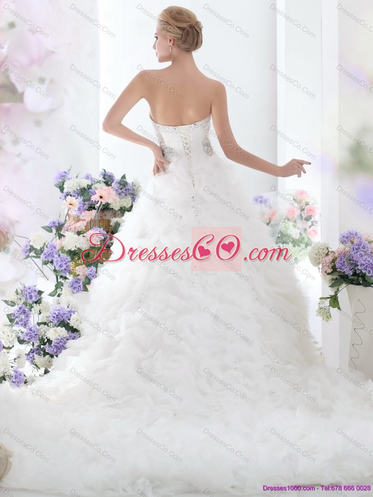 Beading White Bridal Gown with Ruffles and Brush Train