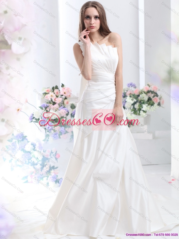 Pleated One Shoulder White Chiffon  Wedding Dress with Brush Train