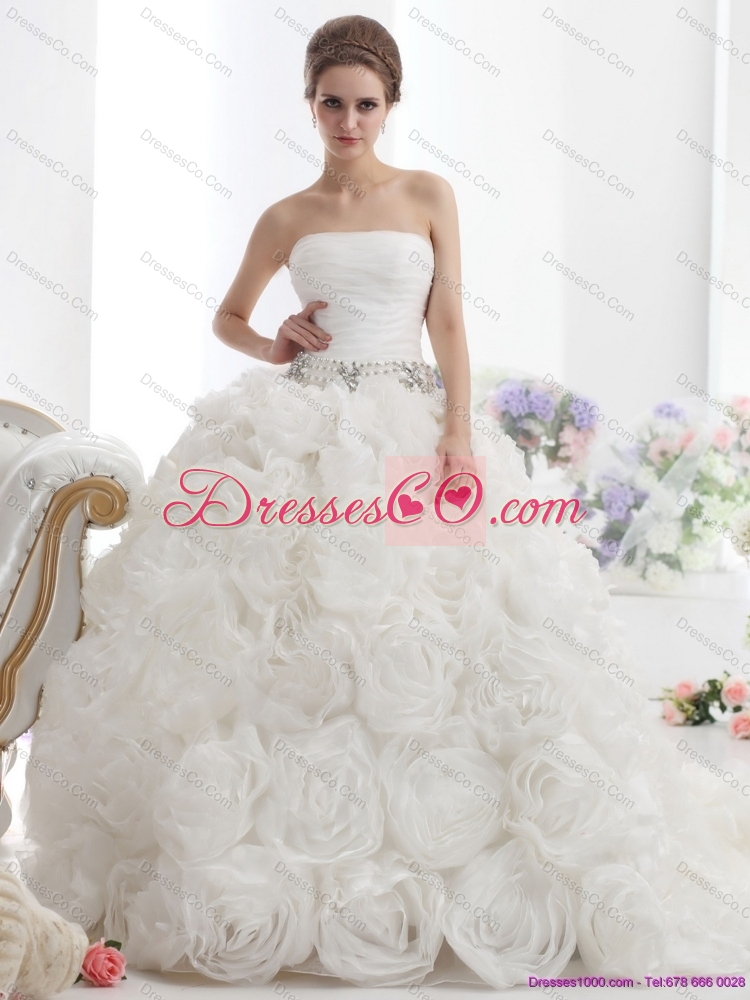 Popular White Strapless Wedding Dress with Rolling Flowers and Chapel Train