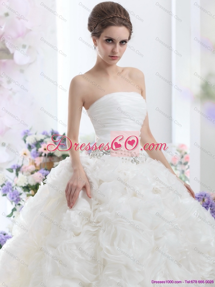 Popular White Strapless Wedding Dress with Rolling Flowers and Chapel Train
