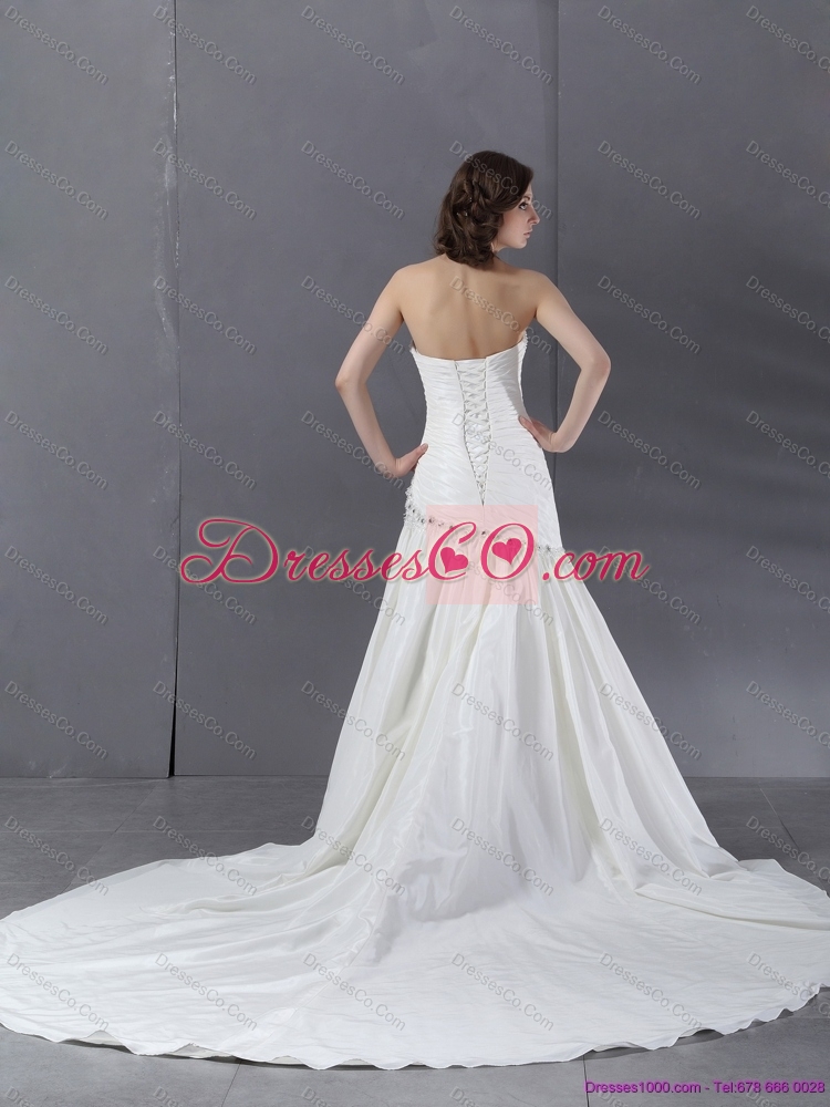 Ruched Beaded Strapless White Chiffon Wedding Dress with Chapel Train
