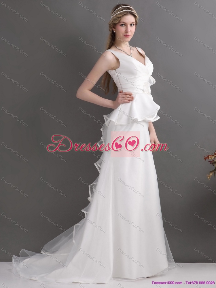 Ruching White V Neck Ruffled  Maternity Wedding Dress with Brush Train