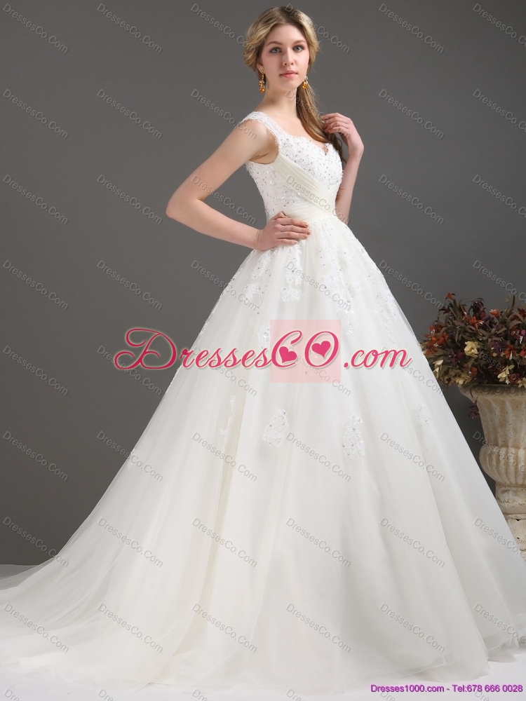 Sequines Lace White Wedding Dress with Brush Train