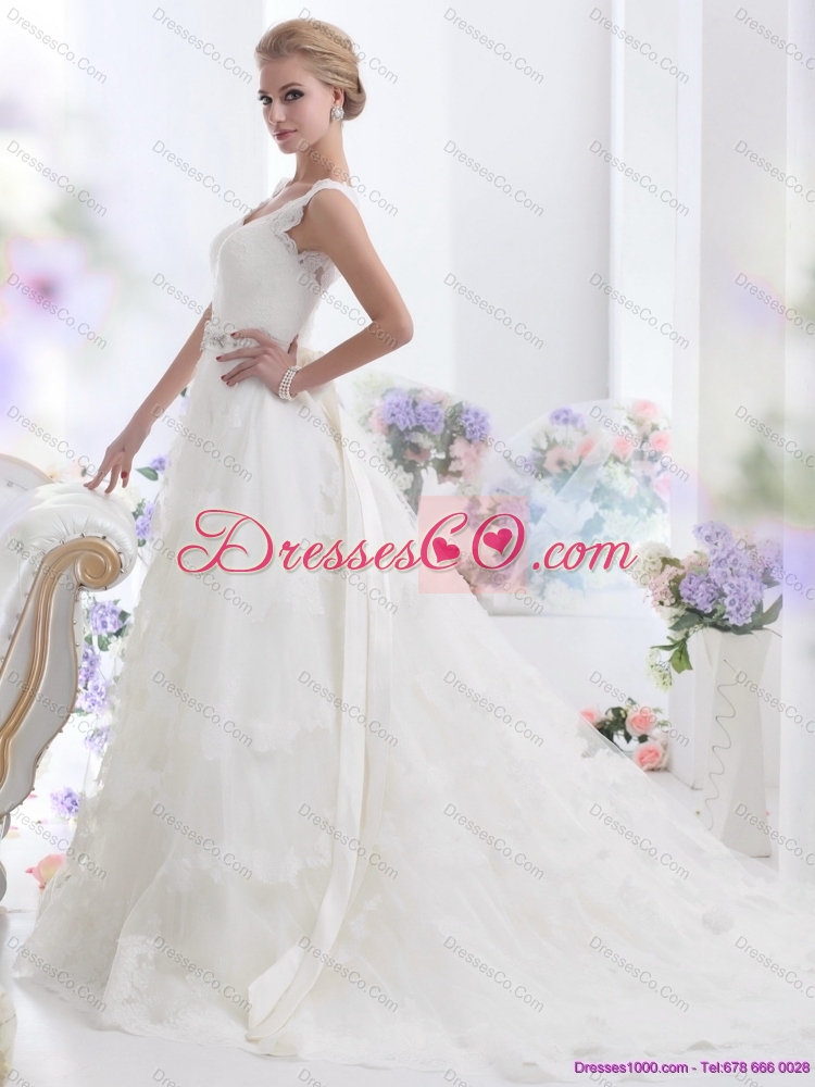 Unique Brush Train White Maternity Wedding Dress with Lace and Beading