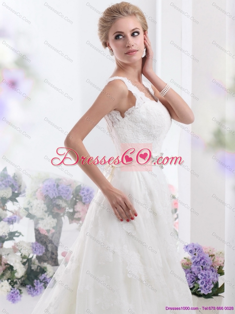 Unique Brush Train White Maternity Wedding Dress with Lace and Beading