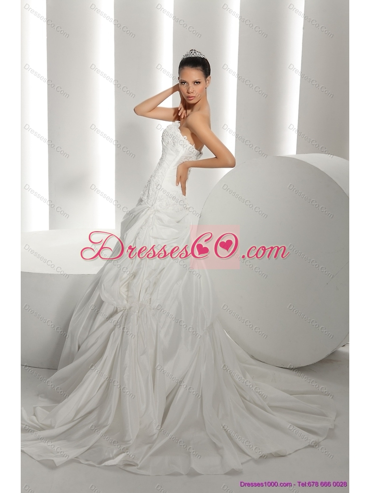 Unique White Brush Train Strapless  Bridal Dress with Ruffles