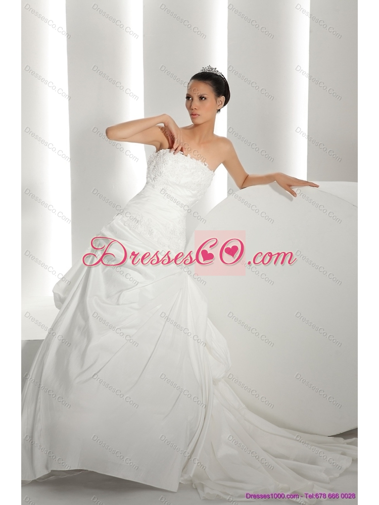 Unique White Brush Train Strapless  Bridal Dress with Ruffles