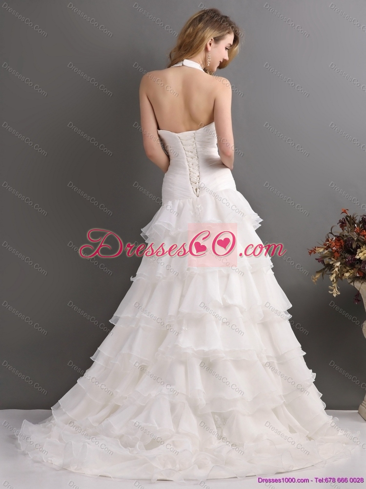 White Halter Top Beading Maternity Wedding Dress with Ruffled Layers and Brush Train