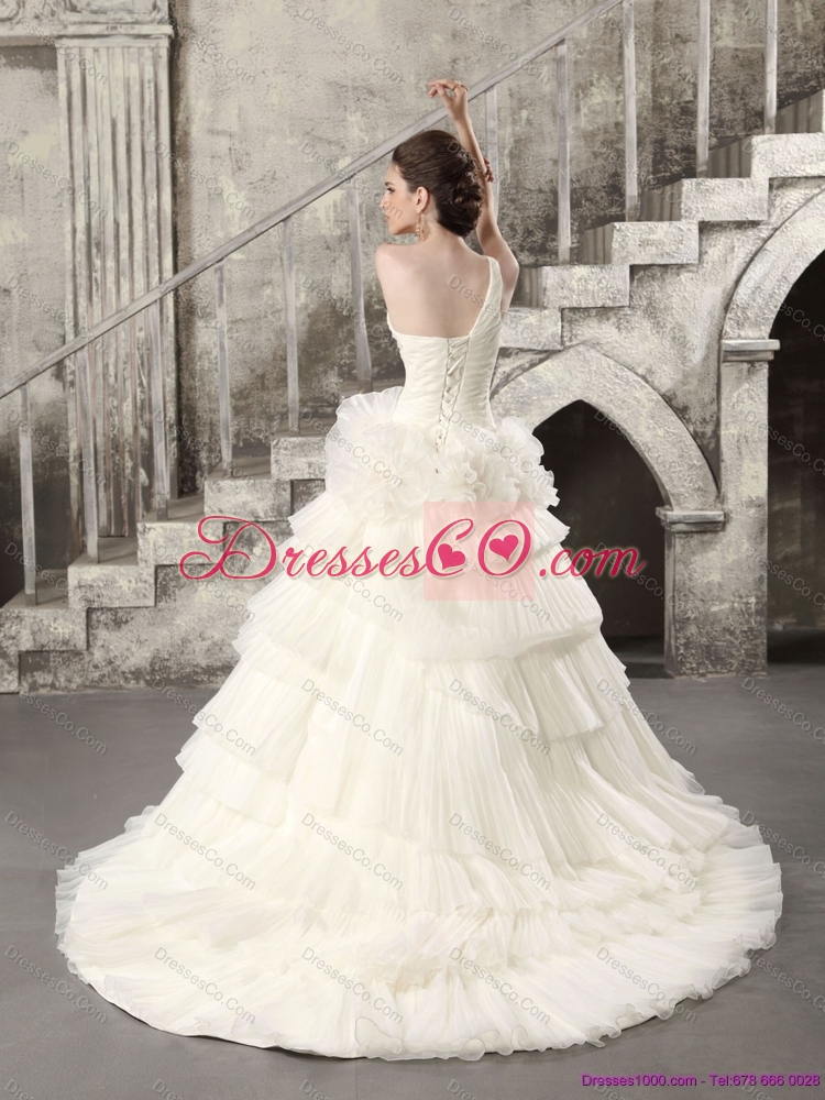 White One Shoulder Chapel Train Wedding Dress with Ruffled Layers
