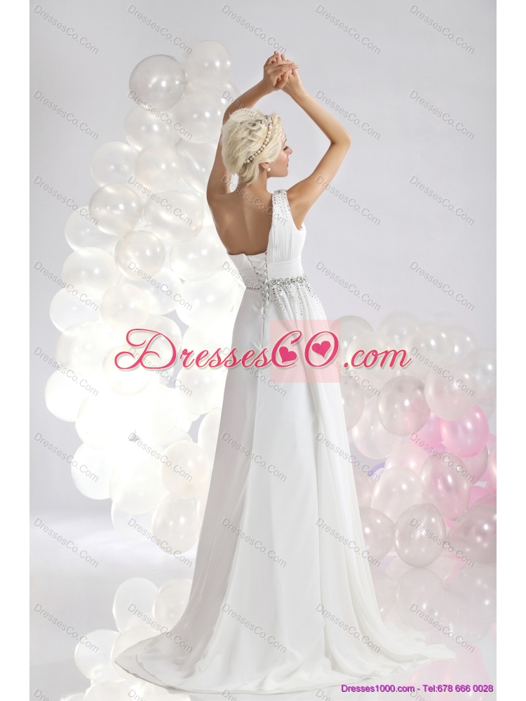 White One Shoulder Chiffon Wedding Dress with Ruching and Beading