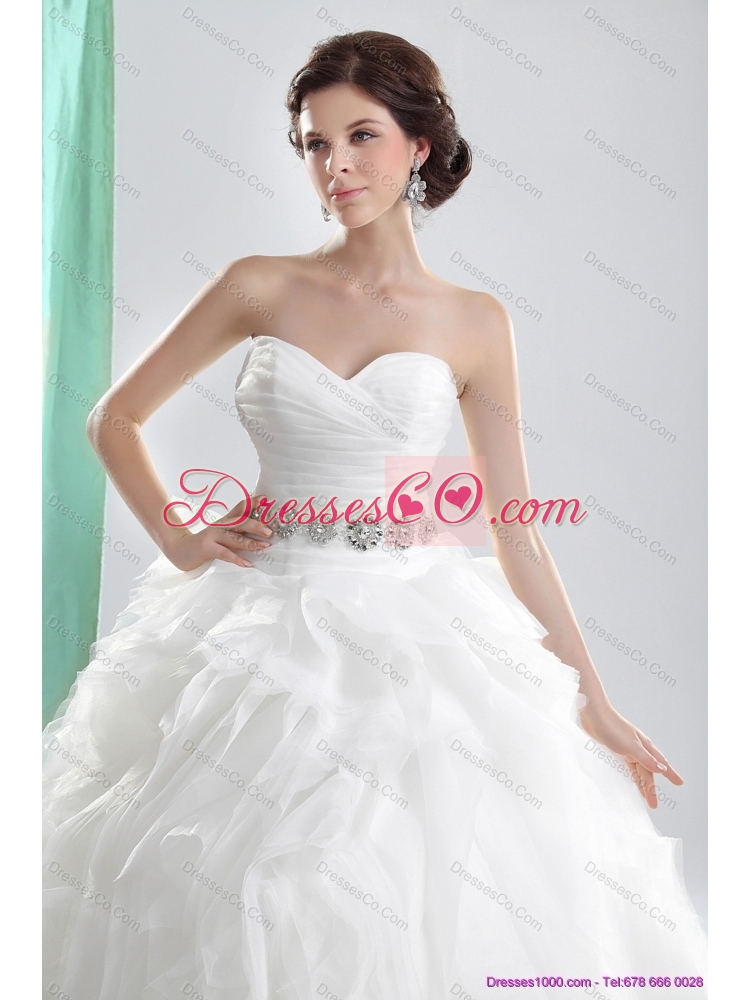 White Ruching Wedding Dress with Brush Train and Beading