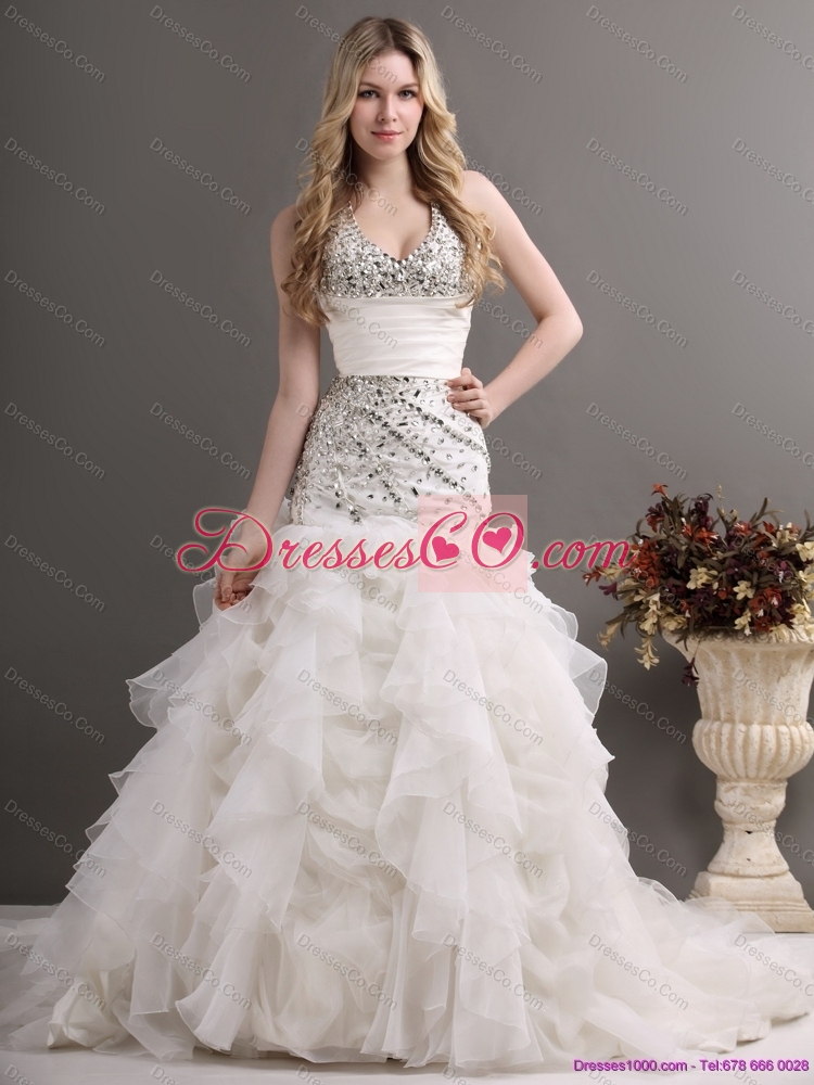 Exquisite Halter Top Colored Wedding Dress with Beading and Ruffles