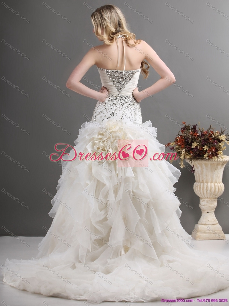 Exquisite Halter Top Colored Wedding Dress with Beading and Ruffles