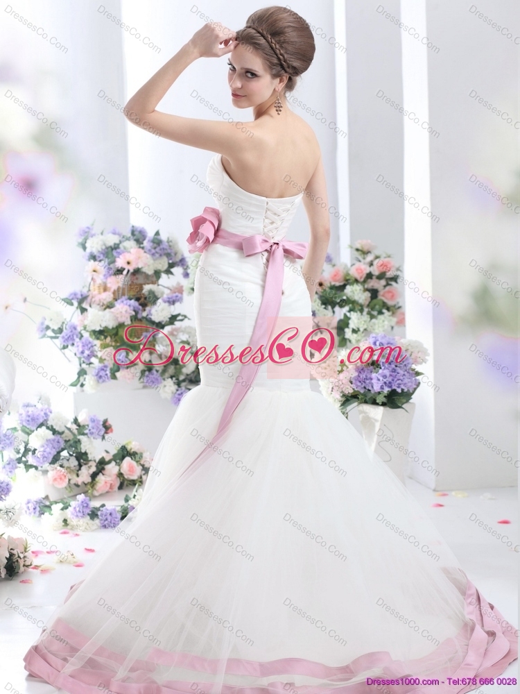 Fashionable Strapless Colored  Wedding Dress with Ruching and Hand Made Flowers