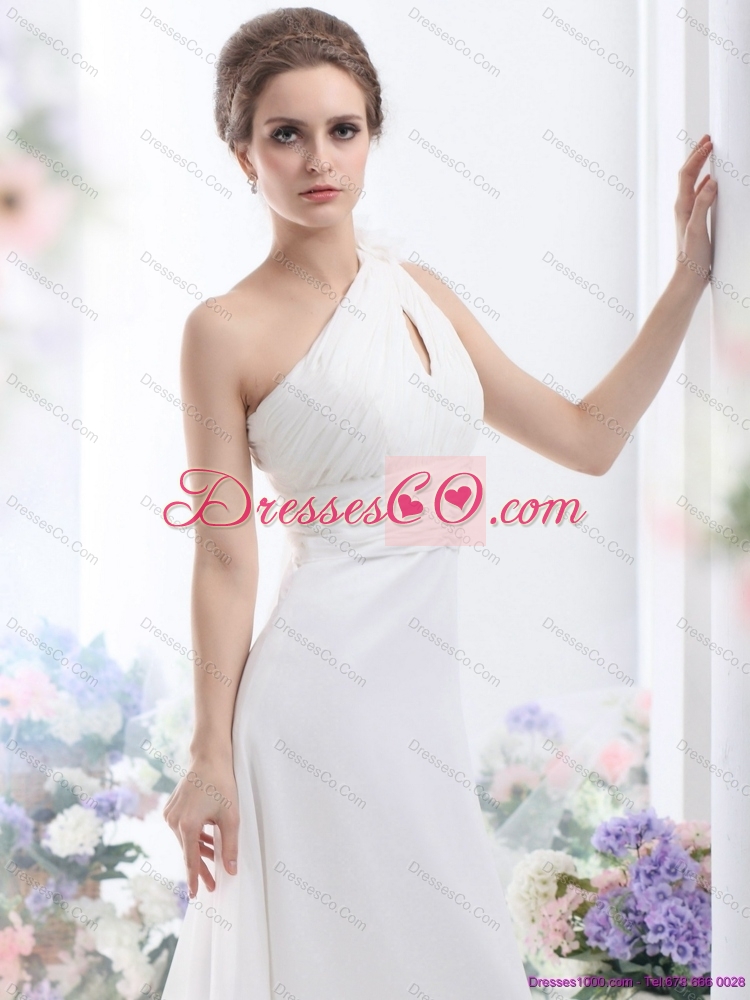 Popular One Shoulder Wedding Dress with Ruching and Hand Made Flowers