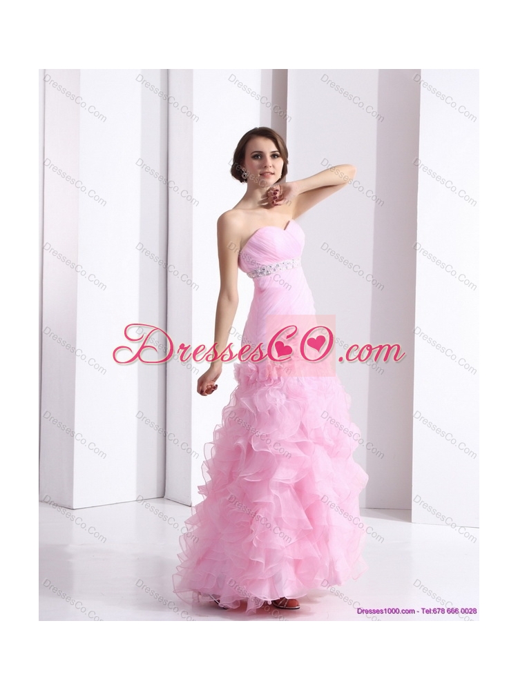 Baby Pink Ruching Colored Wedding Dress with Ruffles and Beading