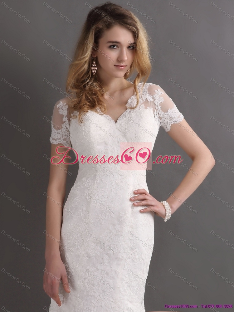 Classical V Neck Lace Maternity Wedding Dress with Short Sleeves