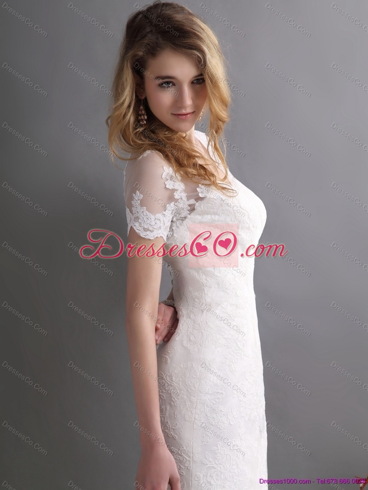 Classical V Neck Lace Maternity Wedding Dress with Short Sleeves