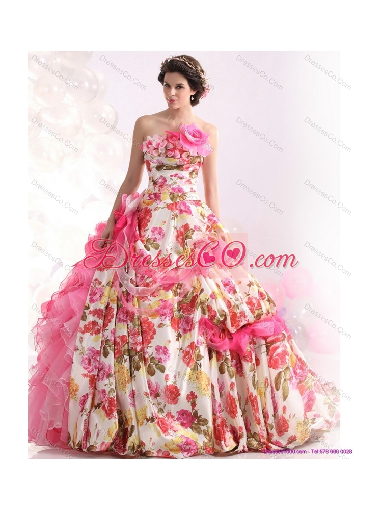 Ruffles Multi Color Bridal Gown with  Brush Train and Hand Made Flowers  232.64