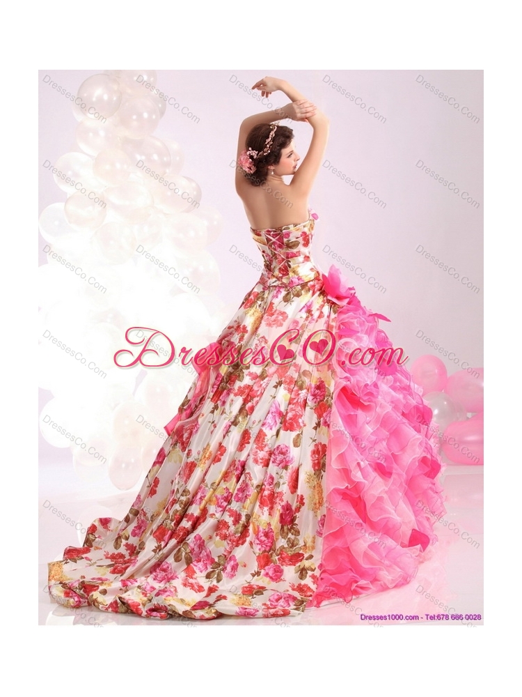 Ruffles Multi Color Bridal Gown with  Brush Train and Hand Made Flowers  232.64