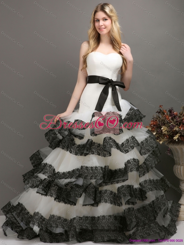 Sash and Lace Strapless  Colored Wedding Dress in White and Black