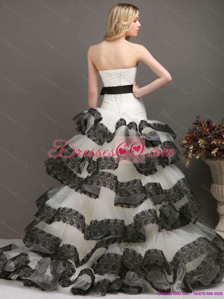Sash and Lace Strapless  Colored Wedding Dress in White and Black