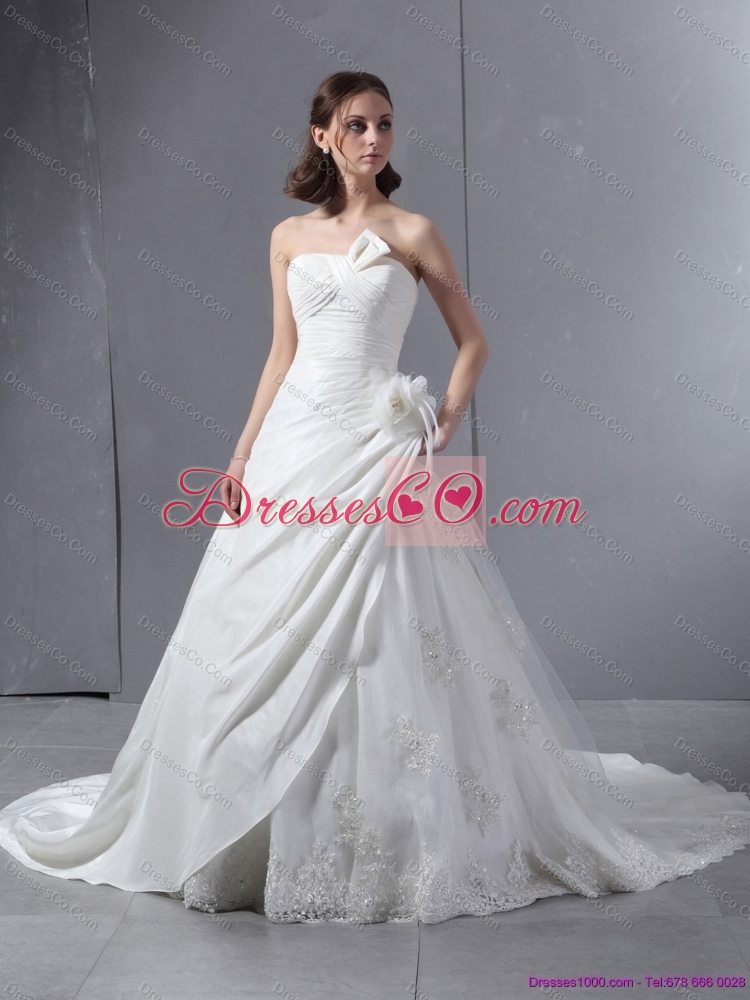 Elegant Strapless Maternity Wedding Dress with Hand Made Flowers and Ruching
